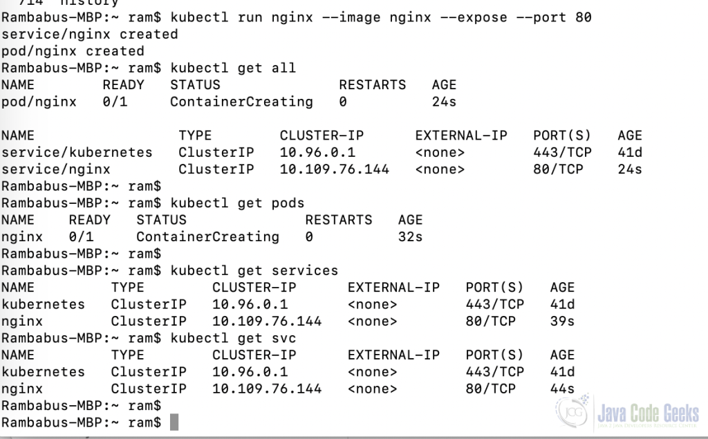 Fig-4: Create a pod and a Service for Nginx image with single kubectl run command