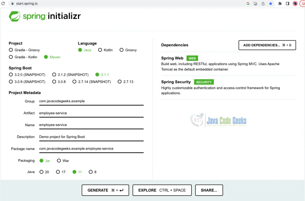 Fig 2.0 Spring boot initialzr configuration