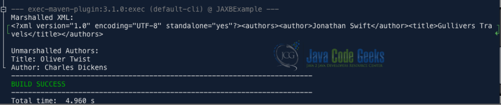 Fig 2. Output from running JAXBExample.java
