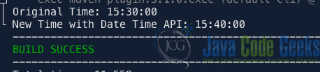 Fig 1: output from running add minutes to time string using Date-Time API in Java